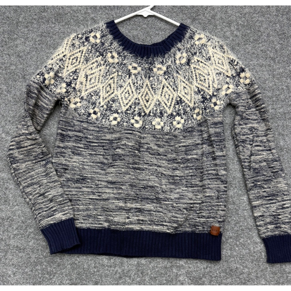 Roxy Womens Navy White Fair Isle Eyelash Knit Space Dye Sweater Small
